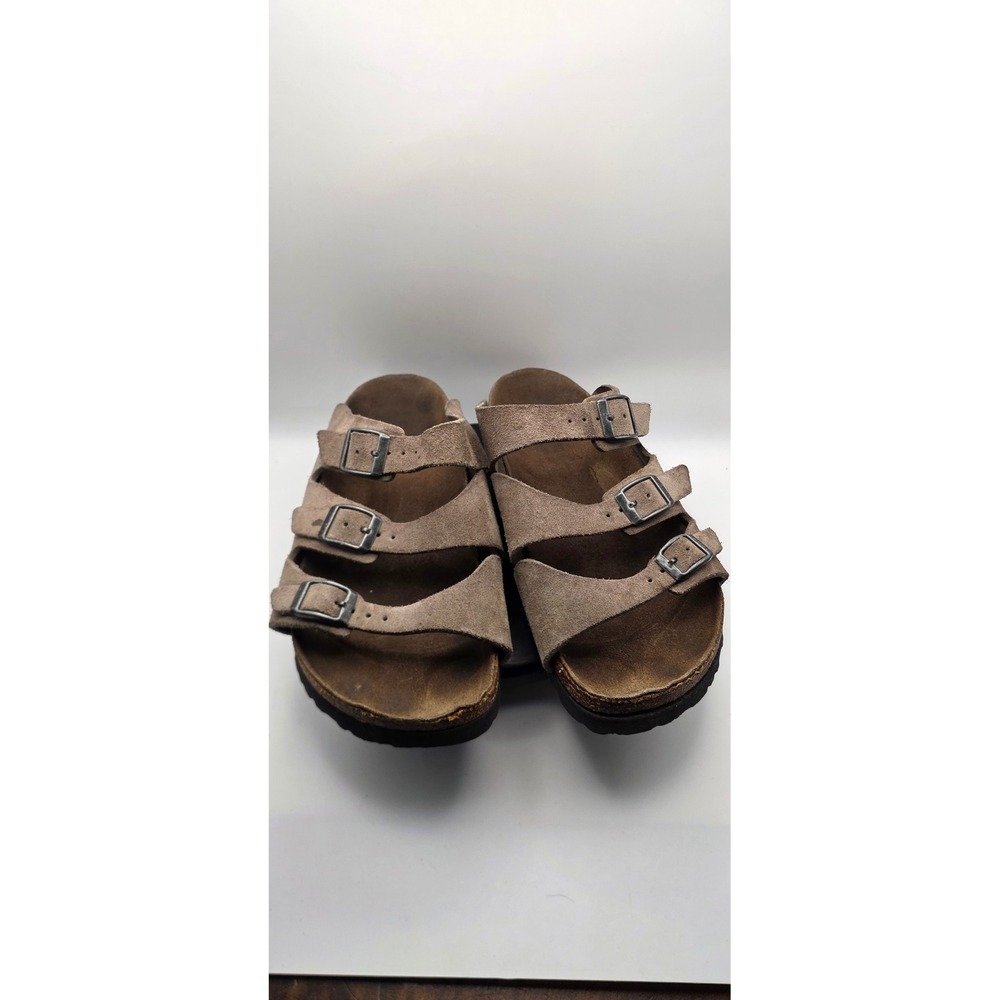 Birki's by Birkenstock Florida Suede Three Strap Slide Sandals Brown Taupe